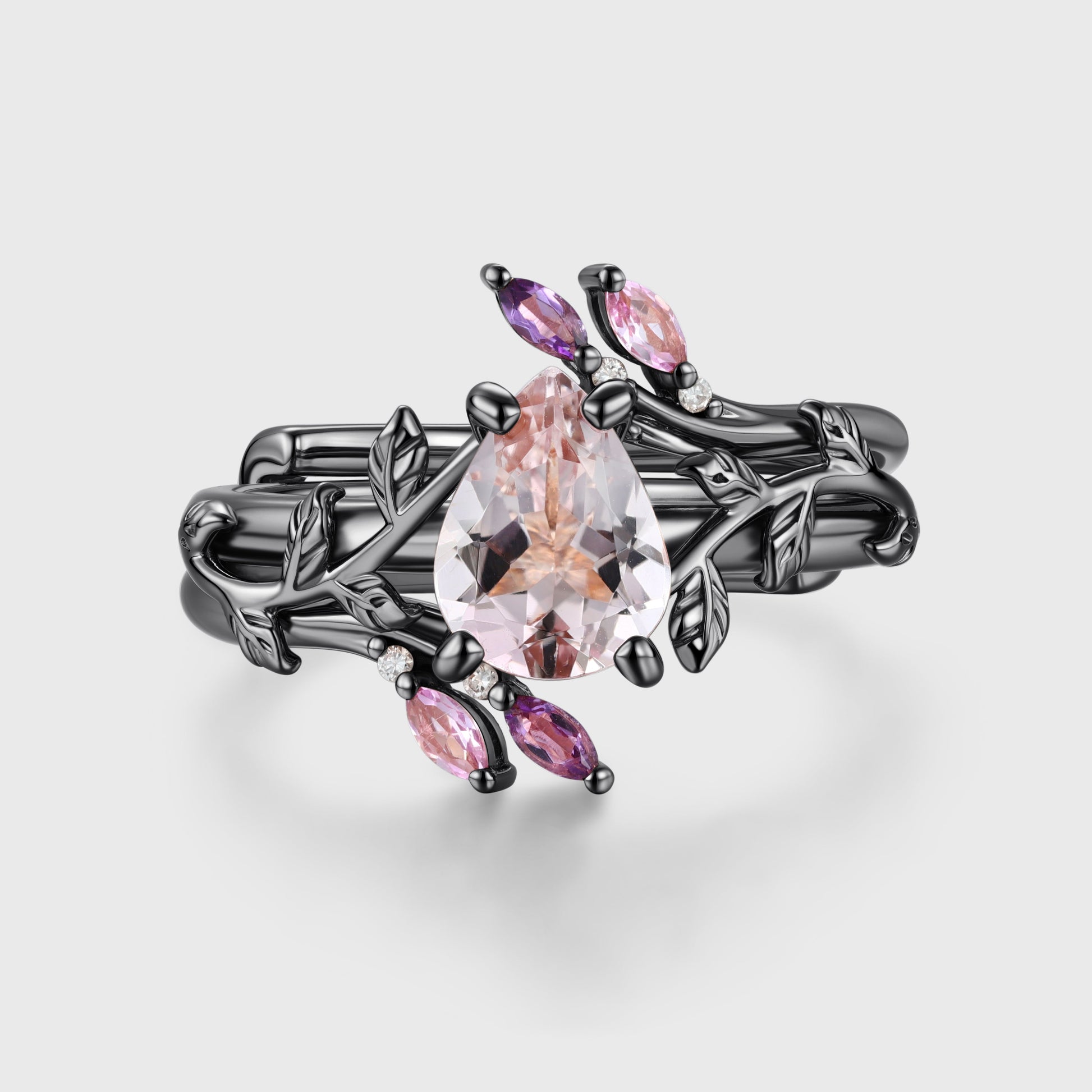 Inspired Pear cut Morganite Solid Gold Wedding Bridal Set