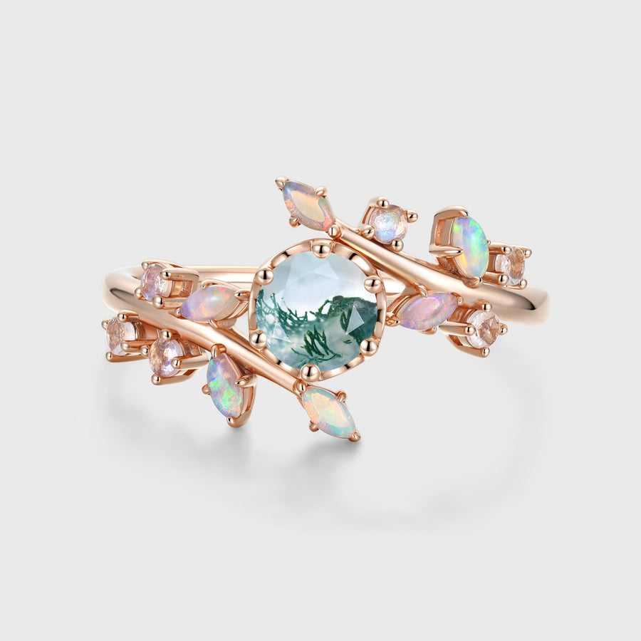 Round Cut Natural Green Moss Agate Cluster Engagement Ring