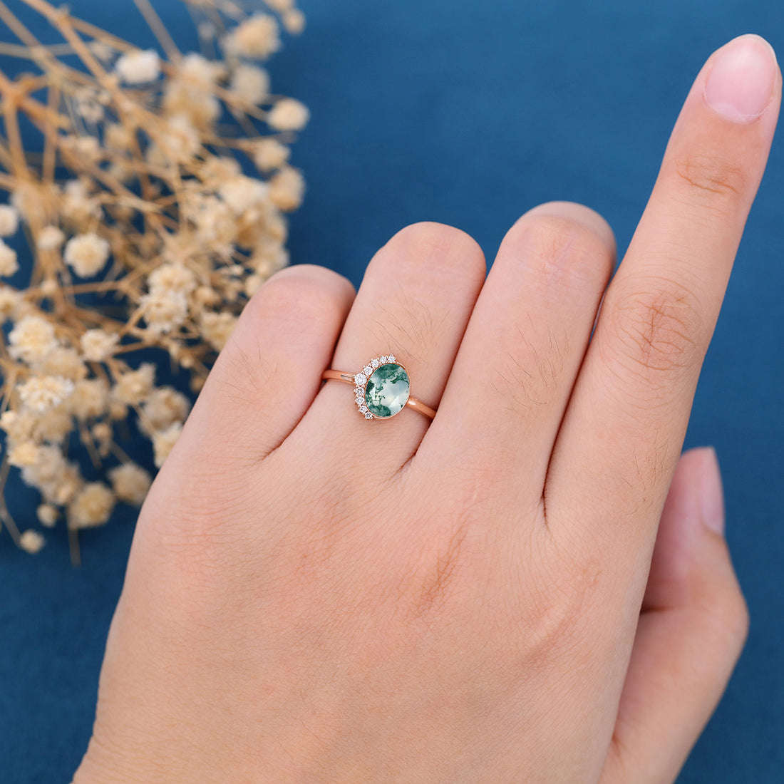 Bezel setting Oval cut Moss Agate Halo Moissanite | Diamonds Gold Engagement Ring