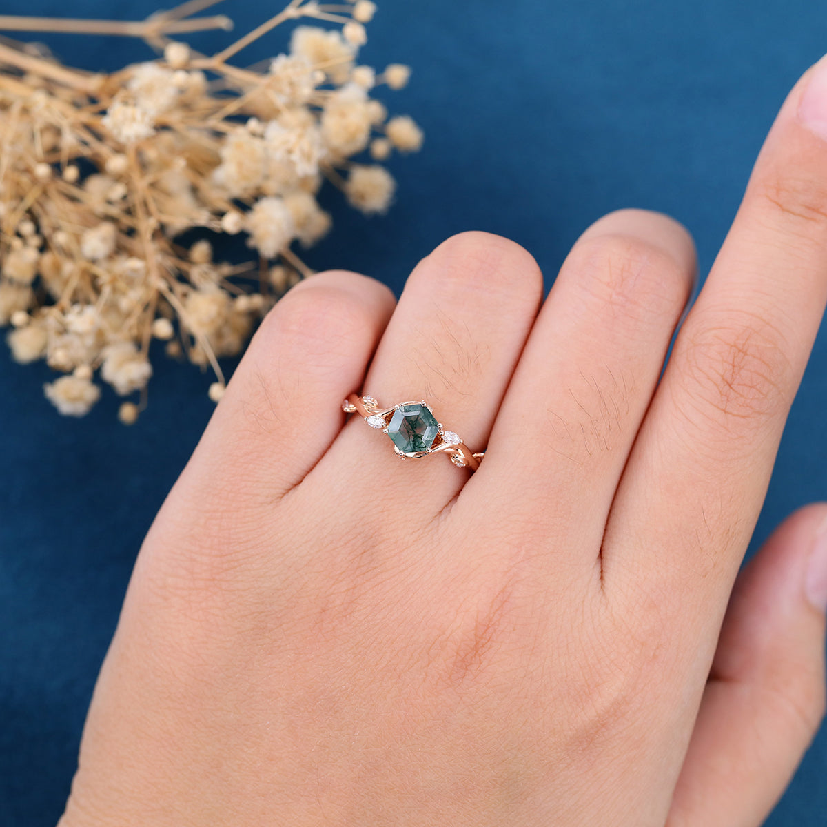 Inspired Hexagon Cut Natural Green Moss Agate  Engagement Ring