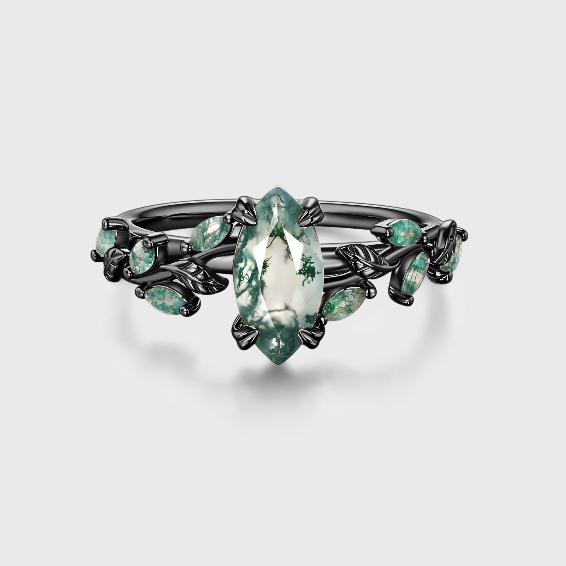Nature Inspired Marquise cut Moss Agate Solid Gold Engagement Ring