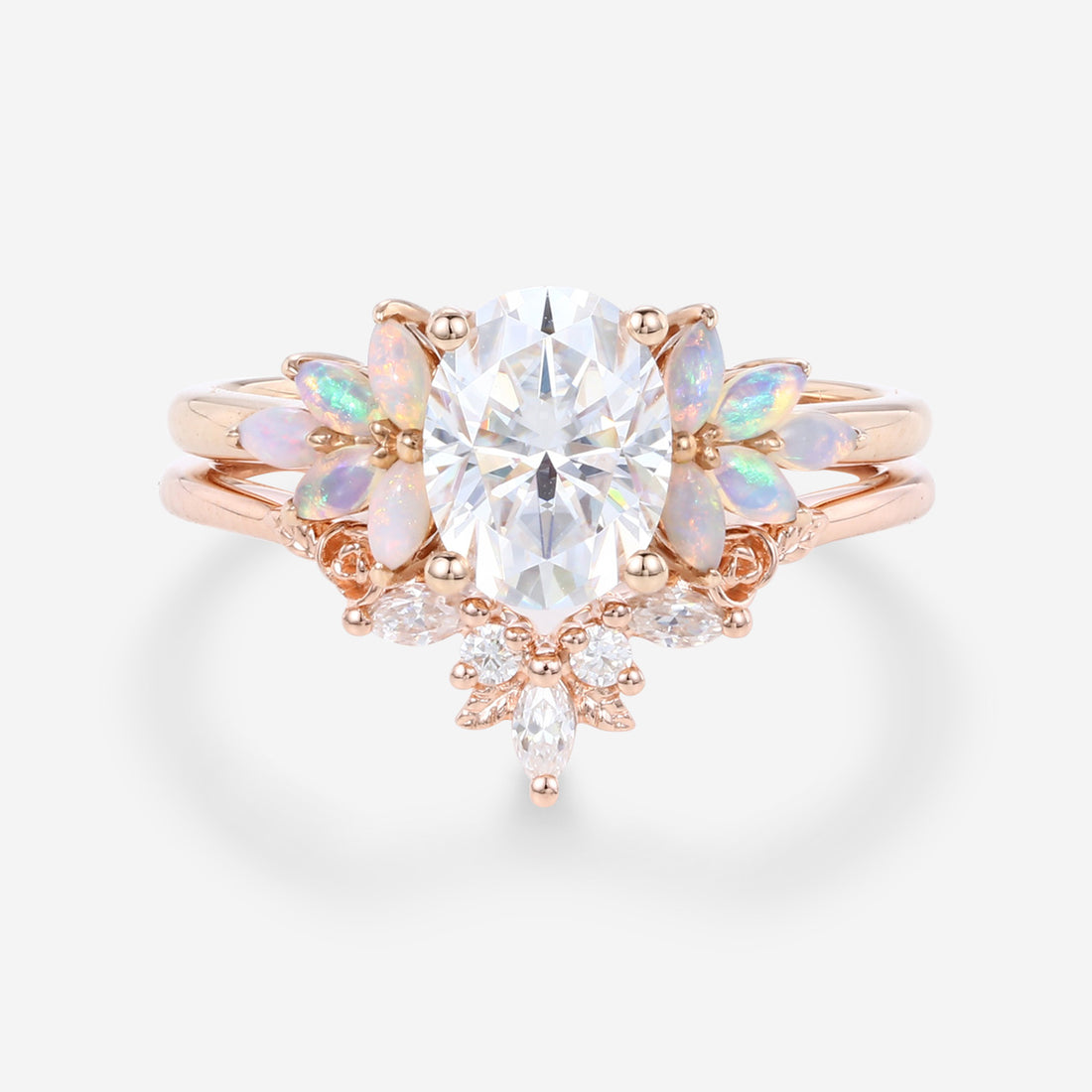 Oval Cut Moissanite+Opal Rose Gold Wedding Bridal set