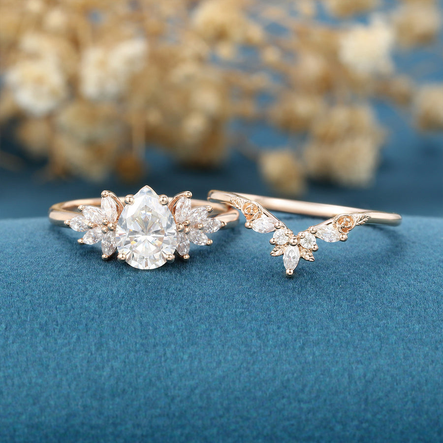 1.2Carat Pear cut Moissanite Engagement Ring Cluster diamonds Rose Gold Wedding Bridal Set