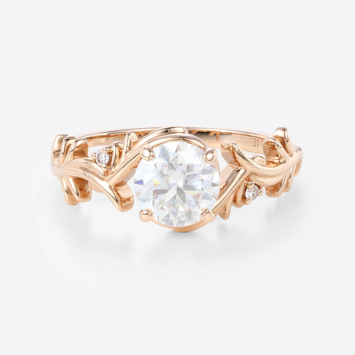 1.0Carat Round Cut Moissanite Leaf Design Rose Gold Engagement Ring