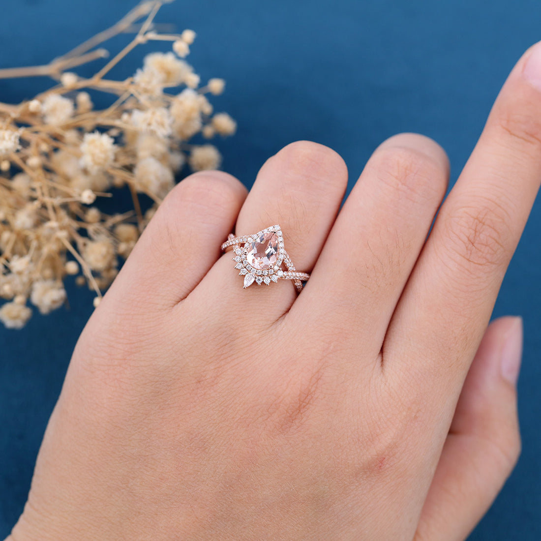 Bezel setting Pear cut Morganite Solid Gold Engagement Ring