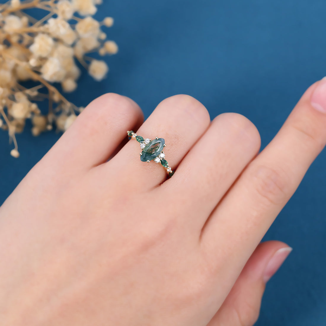 Marquise cut Moss Agate Matching Moss Agate |  Diamonds Gold Engagement Ring