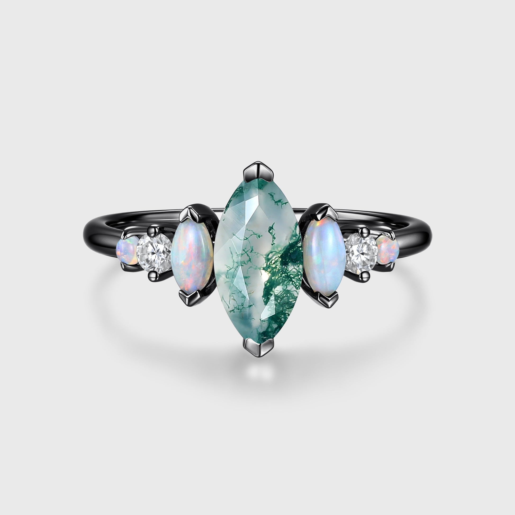 Marquise Cut Natural Moss Agate  Cluster Engagement ring
