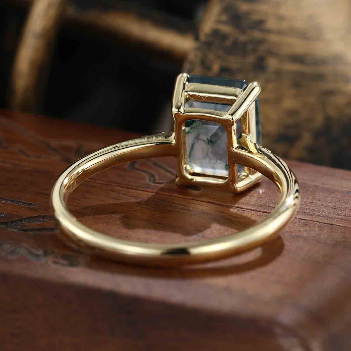 Emerald cut Moss Agate Side Stone Engagement Ring