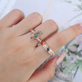 Forever Glow Moss Agate Couple Rings | Rose Gold Leaf Wedding Bridal Set