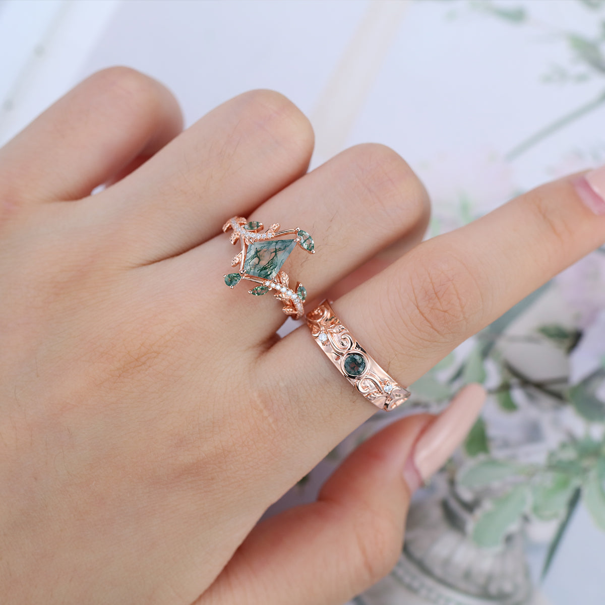 Forever Glow Moss Agate Couple Rings | Rose Gold Leaf Wedding Bridal Set