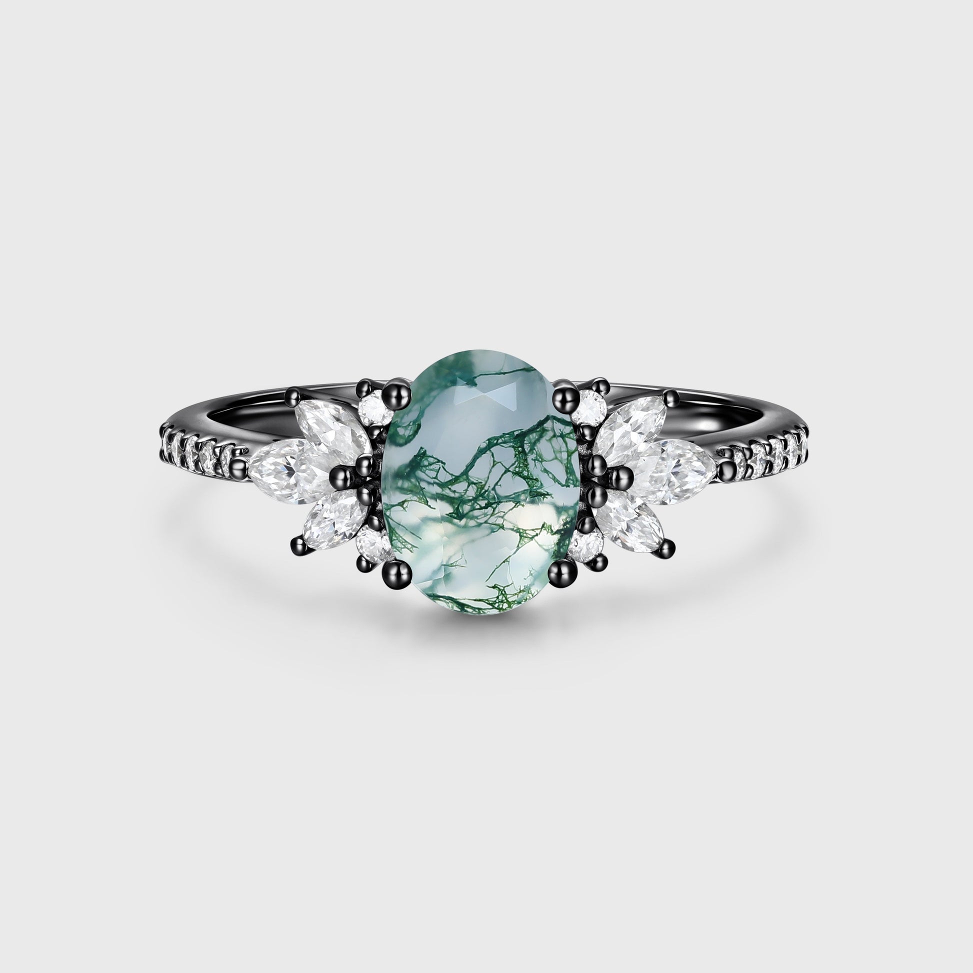 Oval Cut Natural Green Moss Agate Stone Cluster Engagement Rings