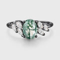 Oval Cut Natural Green Moss Agate Cluster Engagement Ring