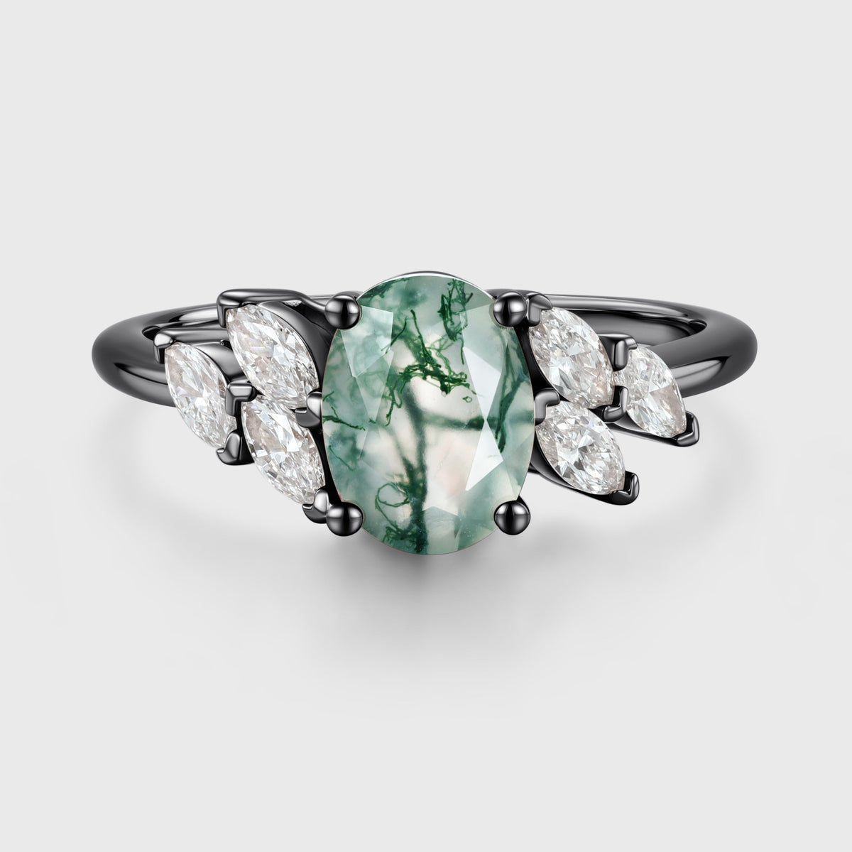 Oval Cut Natural Green Moss Agate Cluster Engagement Ring