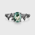 Nature Inspired Oval cut Moss Agate Leaf Gold Engagement Ring