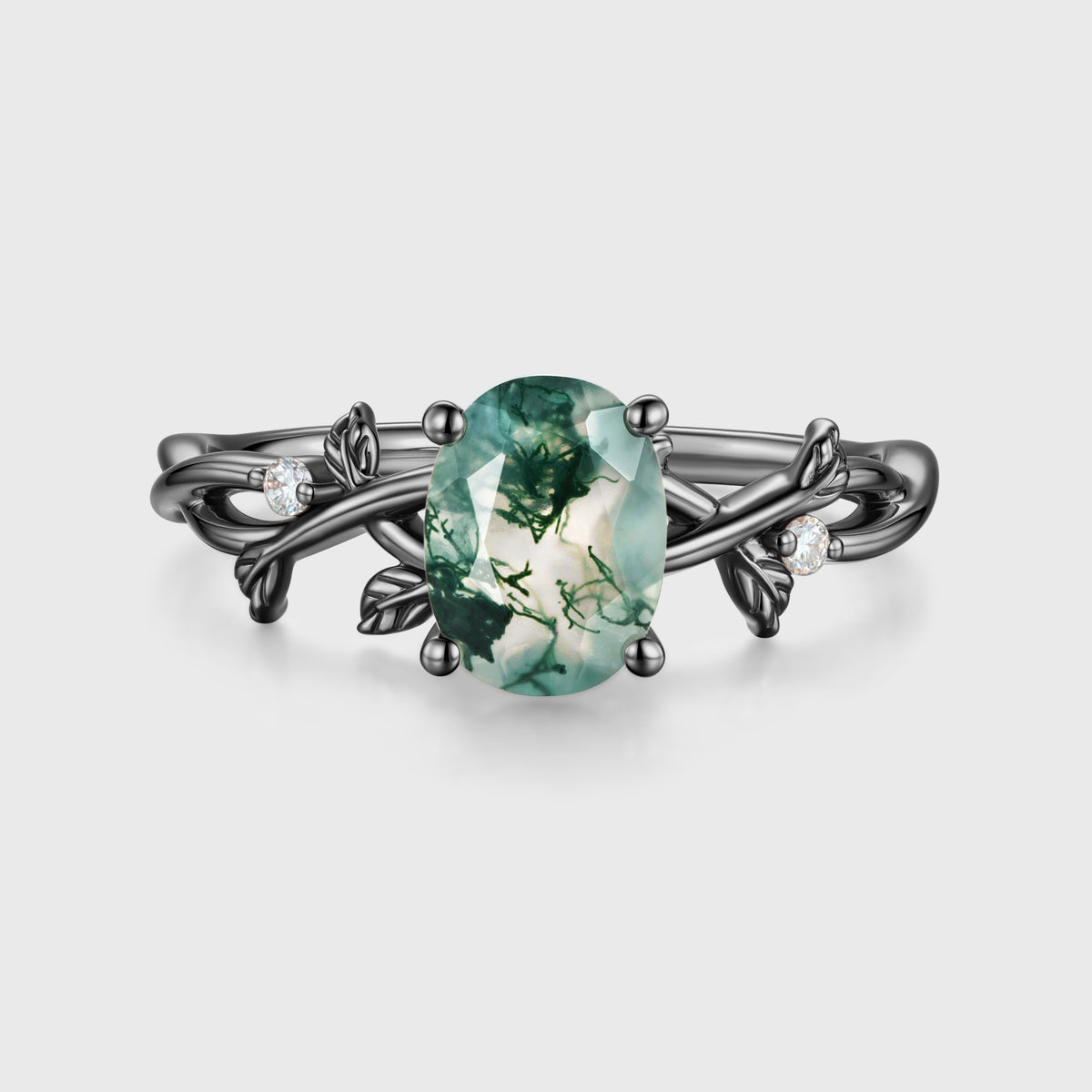 Nature Inspired Oval cut Moss Agate Leaf Gold Engagement Ring
