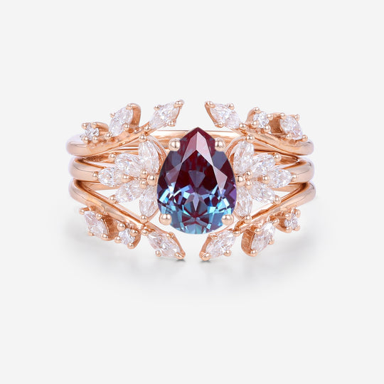 1.2 Carat Pear cut Lab Alexandrite | Diamond Engagement Ring Bridal Set