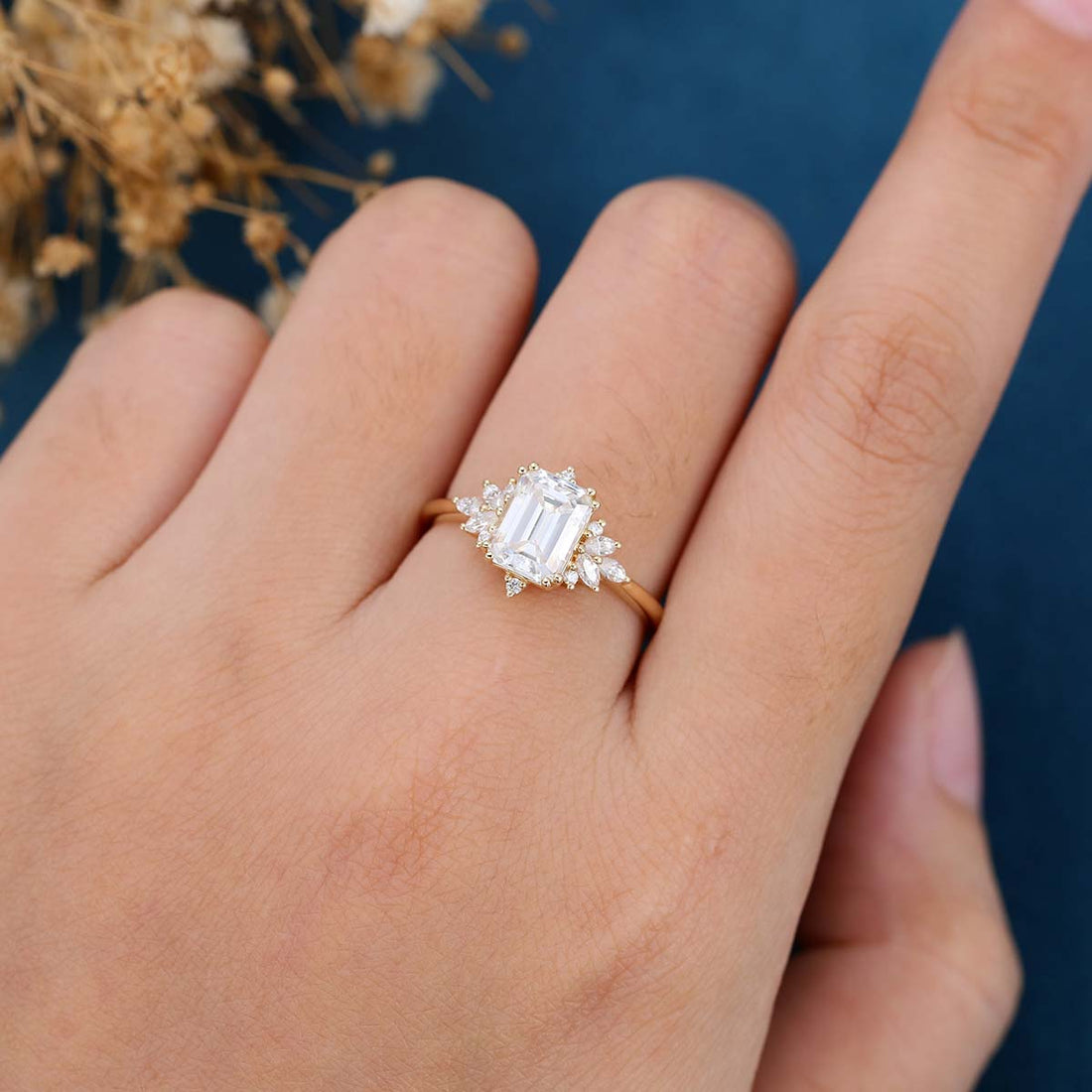 Emerald cut Moissanite Cluster Engagement ring