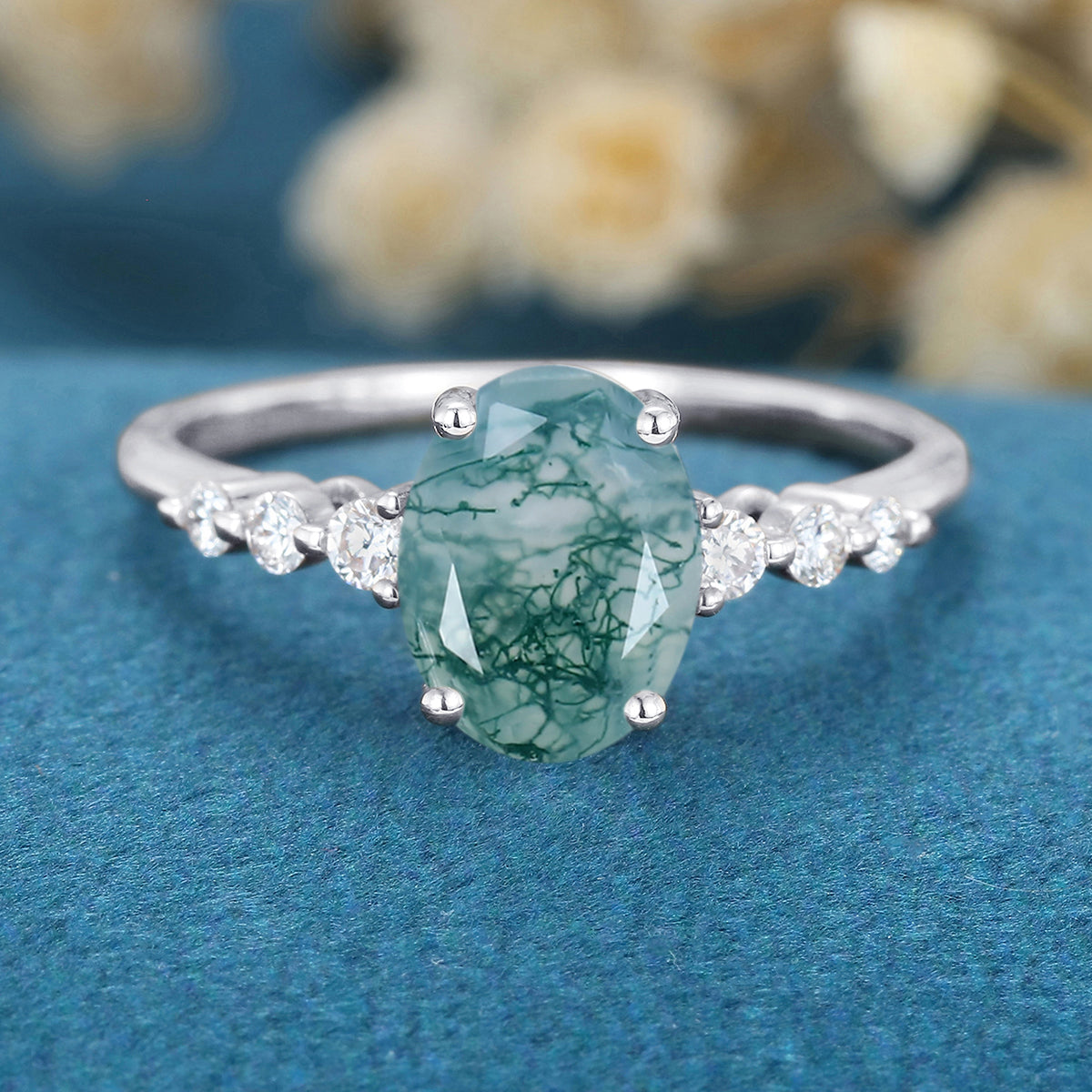 Oval Cut Natural Green Moss Agate Cluster Engagement Ring