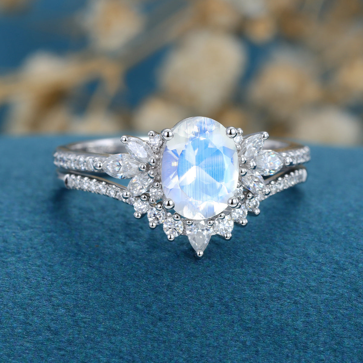 1.5 Carat Oval cut Moonstone Cluster Engagement ring Bridal Set