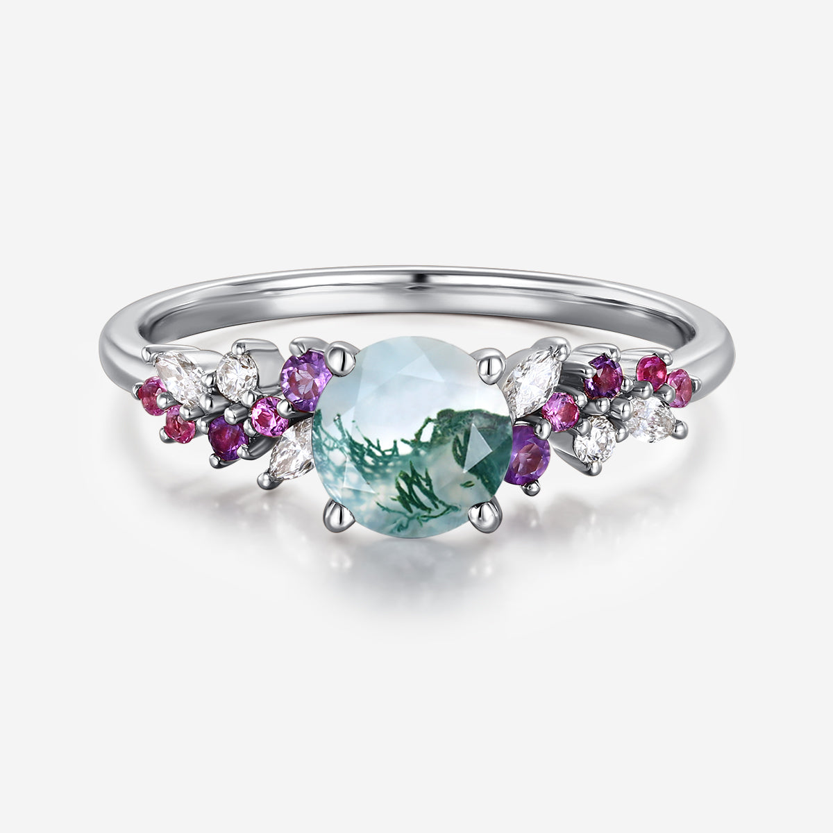 Round cut Moss Agate Leaf Gold Engagement Ring