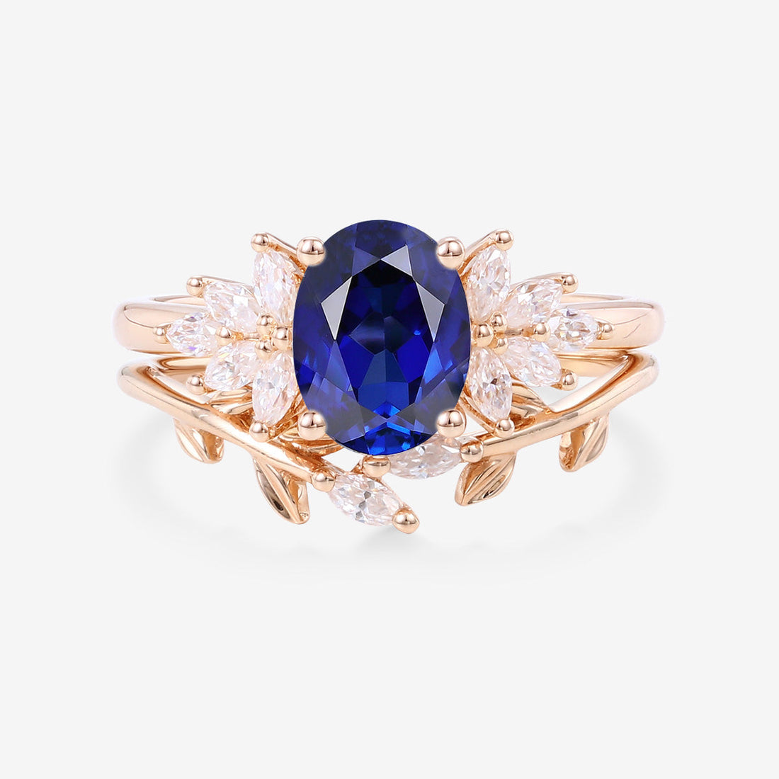 Oval cut Lab Sapphire Engagement ring Bridal Set