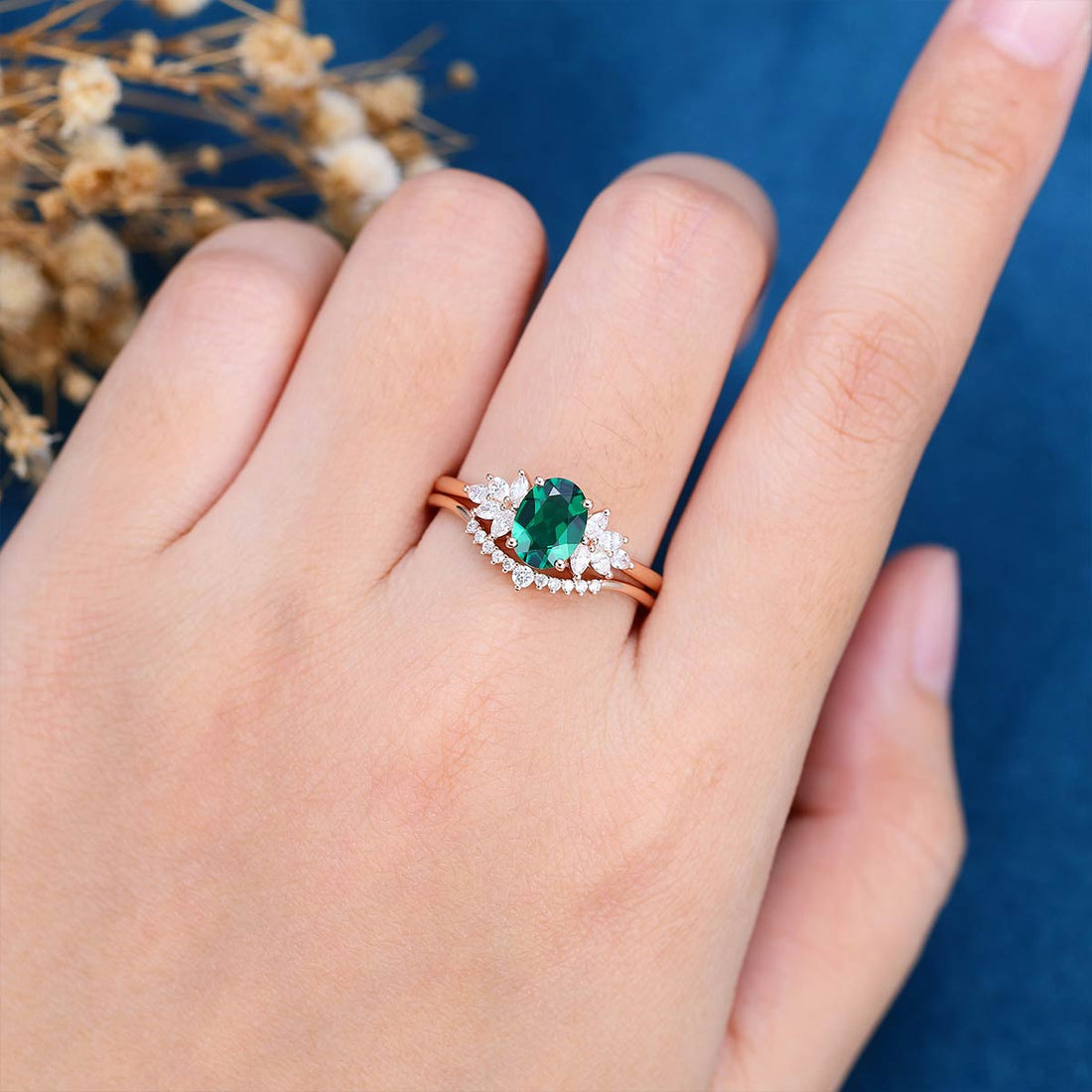 Oval cut Lab Emerald Cluster Bridal Set