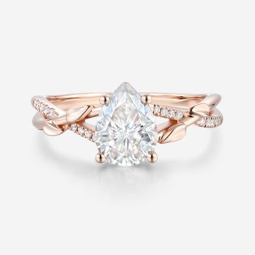 Nature Inspired Pear cut Moissanite Leaf Gold Engagement Ring