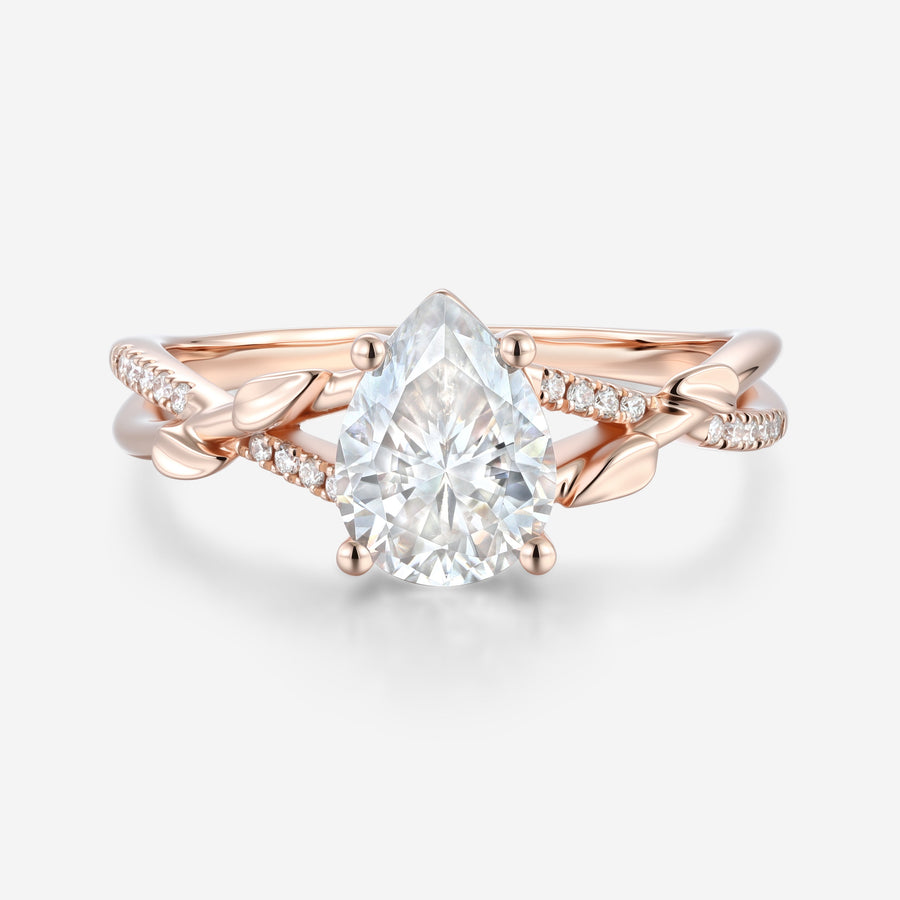 Nature Inspired Pear cut Moissanite Leaf Gold Engagement Ring