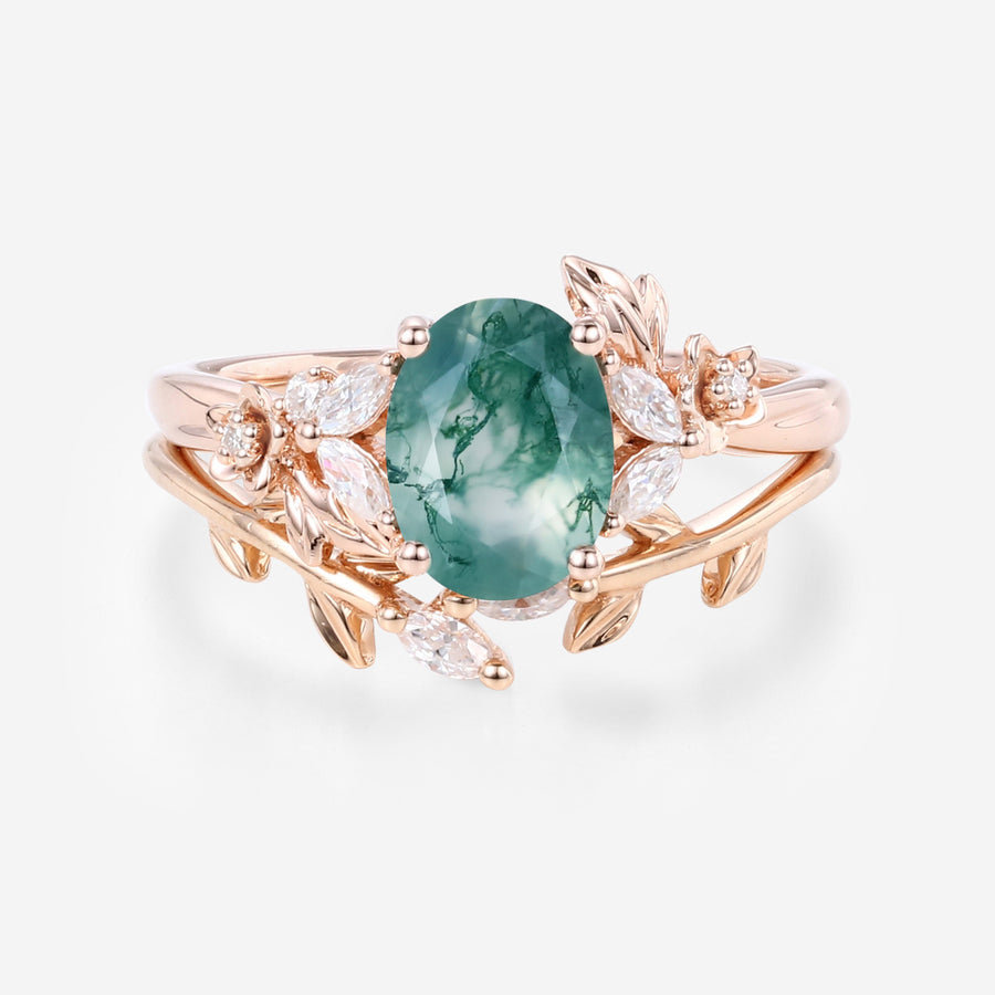 Nature Inspired Oval cut Moss Agate Leaf Gold Ring set (Copy)