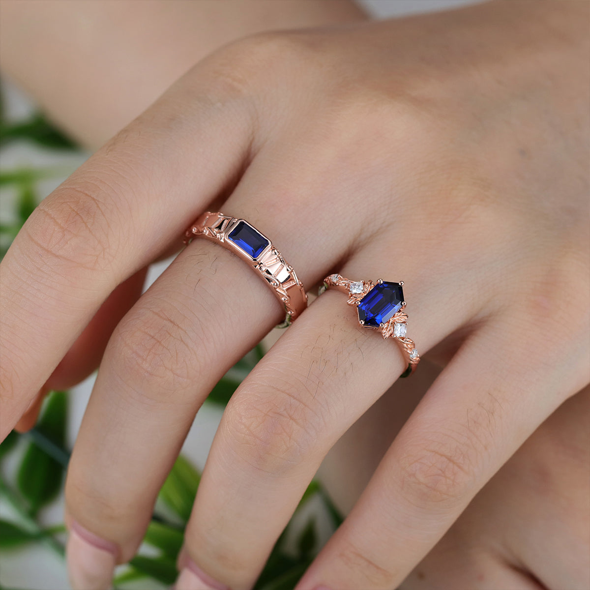 Forever Glow Lab Sapphire Couple Rings | Rose Gold Leaf Wedding Bridal Set