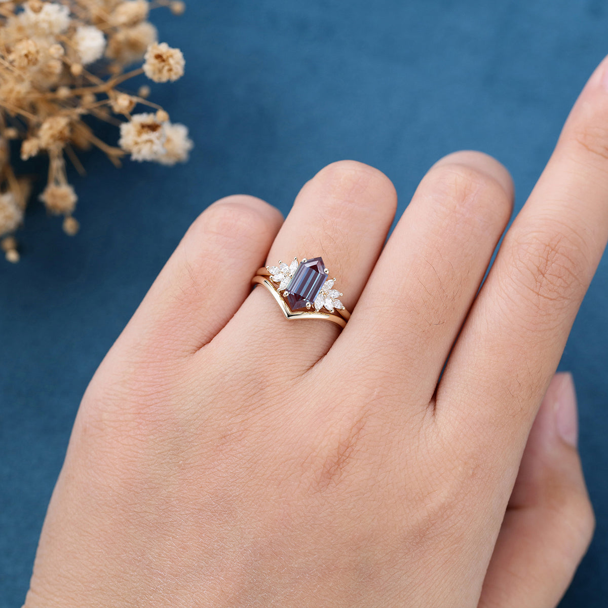 Long Hexagon cut Alexandrite Engagement Ring Bridal Set 