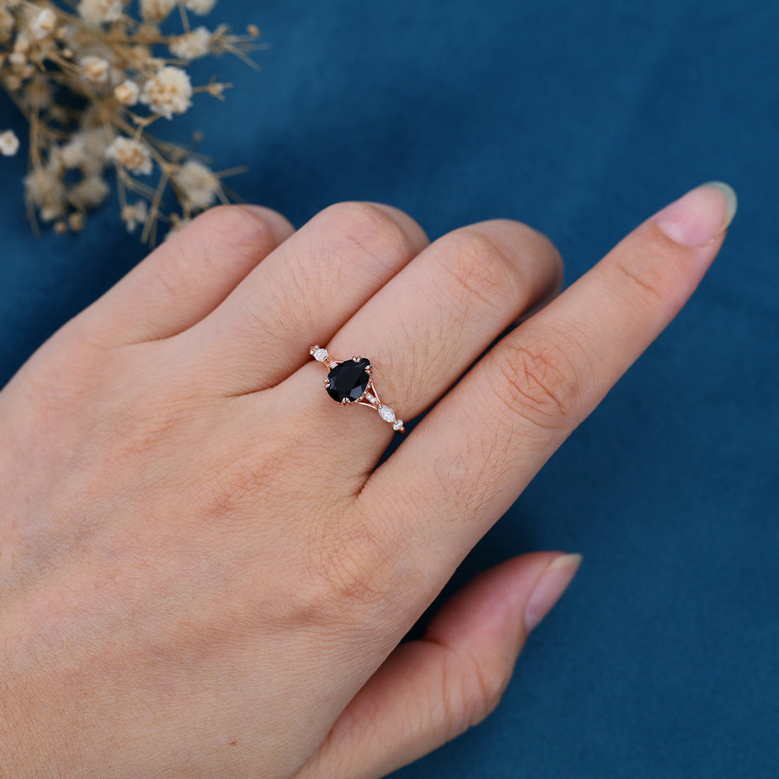 Pear cut Black Onyx Solid Gold Engagement Ring