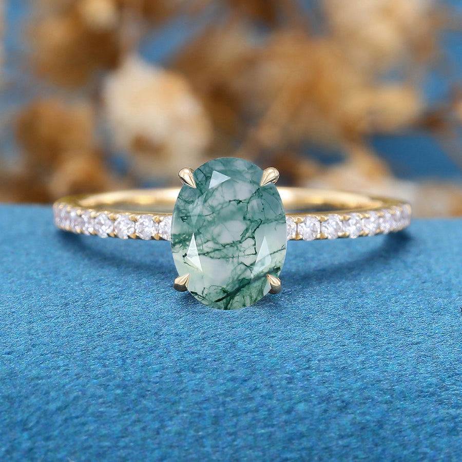 Oval Cut Natural Green Moss Agate Cluster Engagement Ring