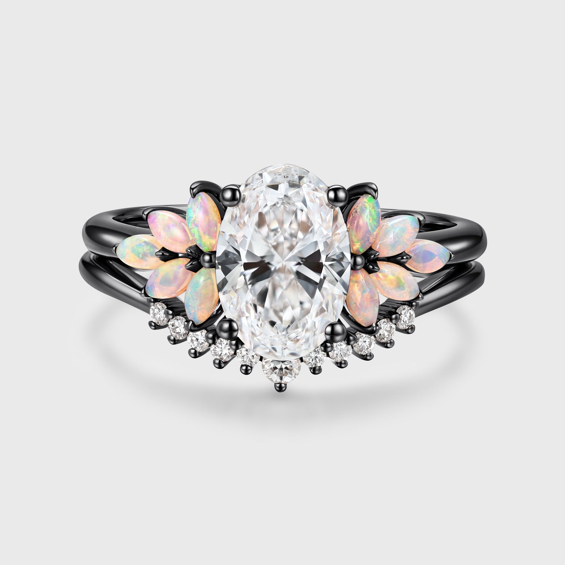 Oval cut Lab-Grown Diamond Engagement ring Rose gold Cluster Opal Curved Diamond Wedding Bridal Set