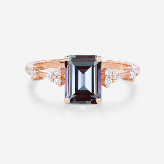 Emerald cut Lab Alexandrite Cluster Engagement Ring