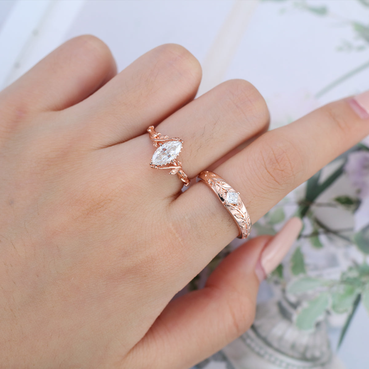 Nature Inspired Moissanite Couple Rings | D Color VVS1 | Rose Gold Leaf Wedding Bridal Set (Copy)