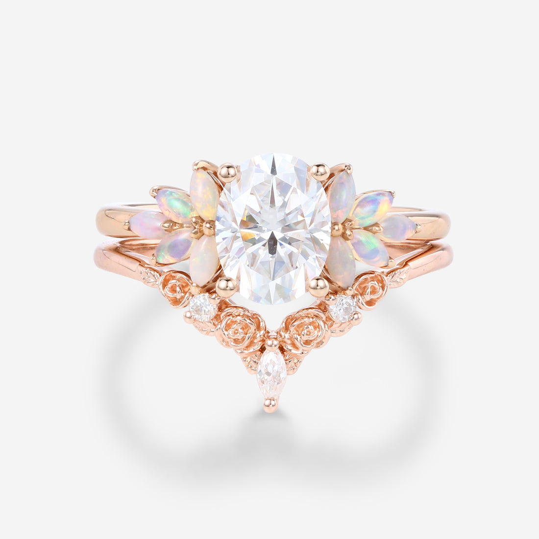 Oval Cut Moissanite+Opal Rose Gold Wedding Bridal set