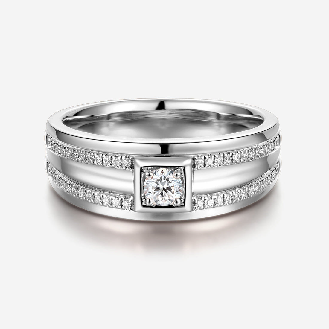 Round Cut Moissanite Statement Ring • Mens Wedding Band