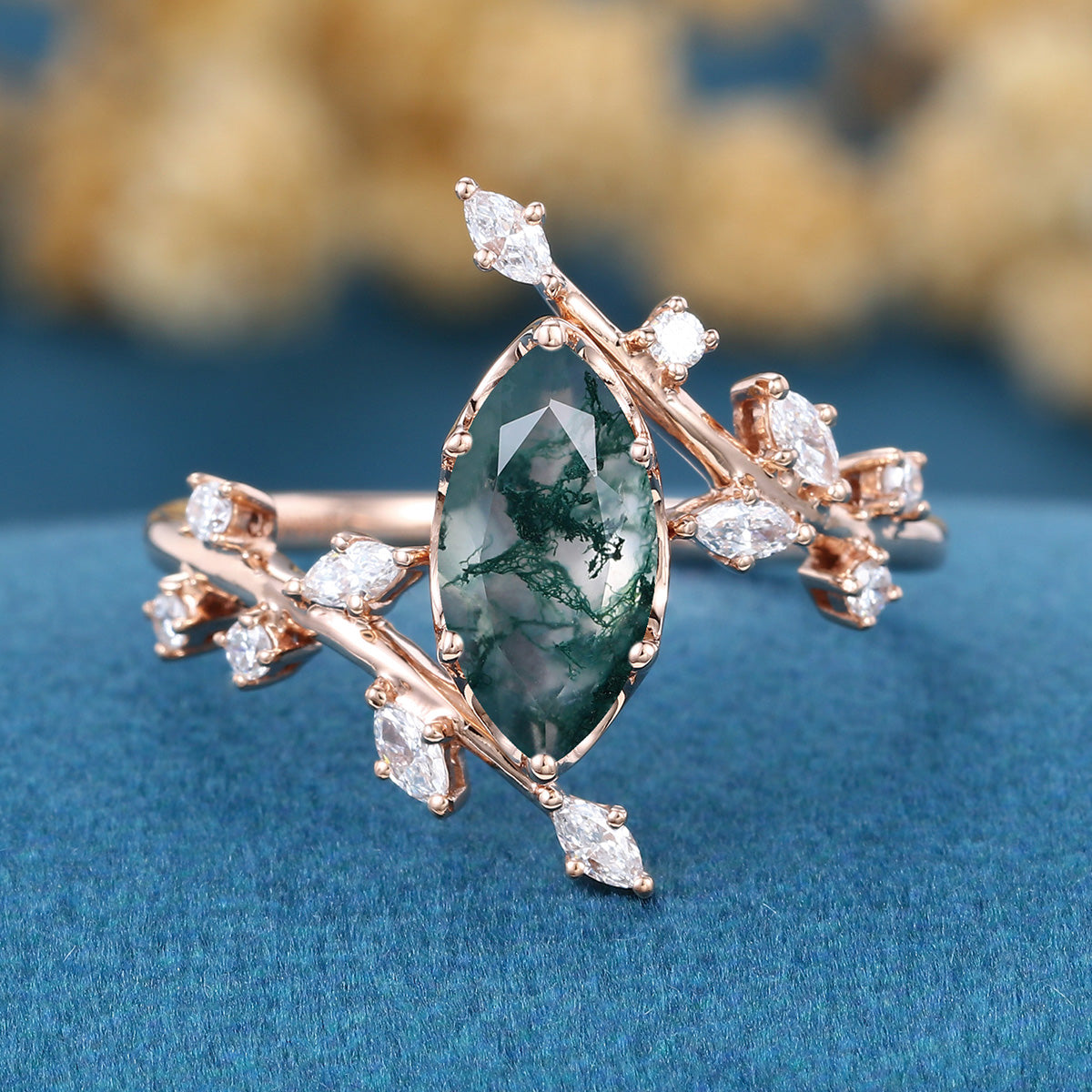 Bezel setting Marquise cut Moss Agate Rose Gold Engagement Ring