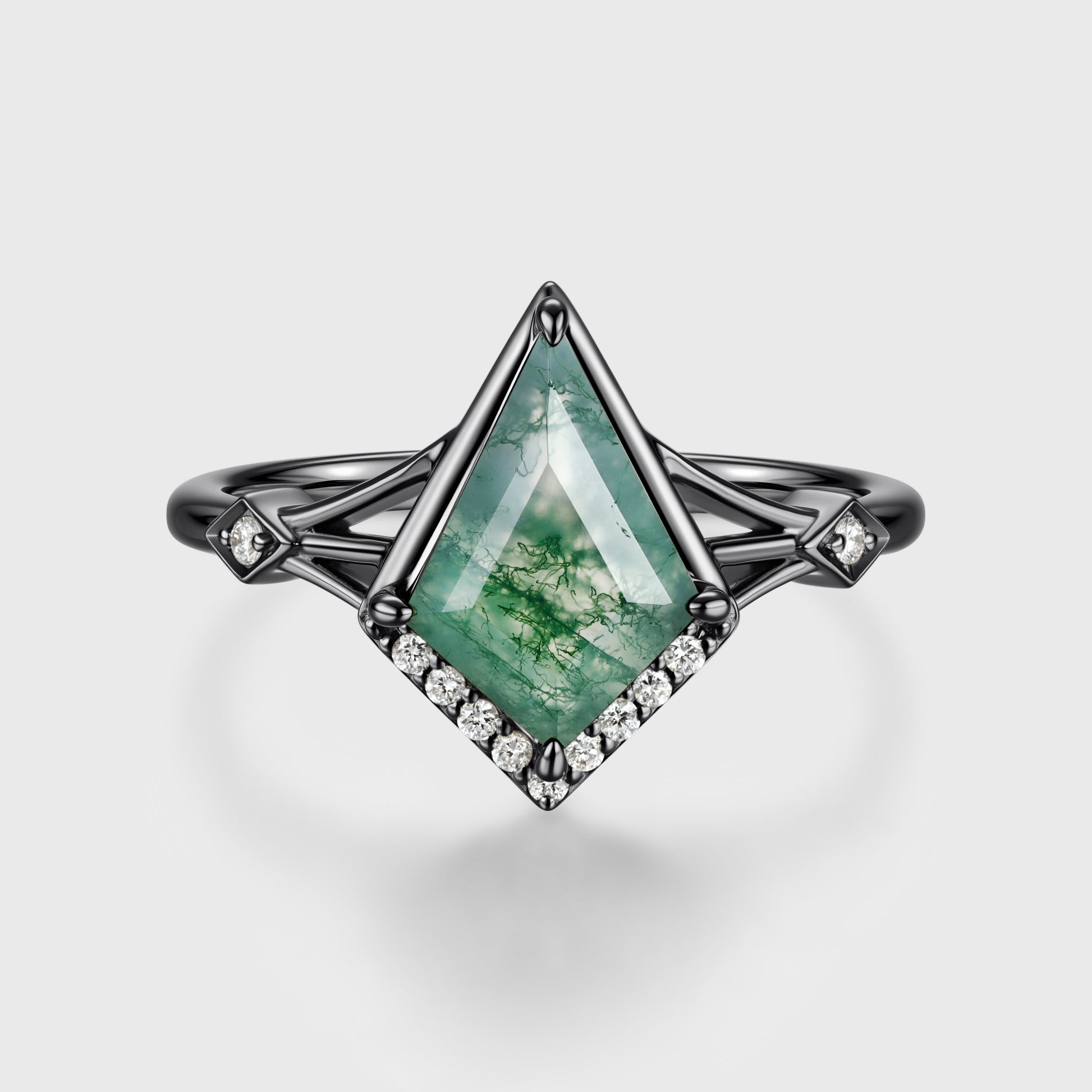 Bezel Set Kite cut Moss Agate Solid Gold Pave Diamonds Engagement Ring
