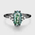 Long Hexagon cut Moss Agate Matching Moissanite | Diamonds Gold Engagement Ring