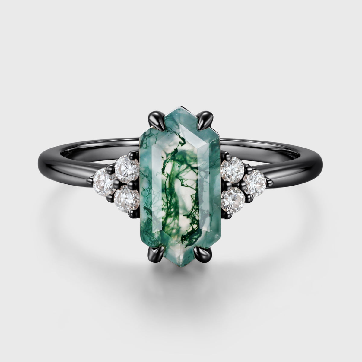 Long Hexagon cut Moss Agate Matching Moissanite | Diamonds Gold Engagement Ring