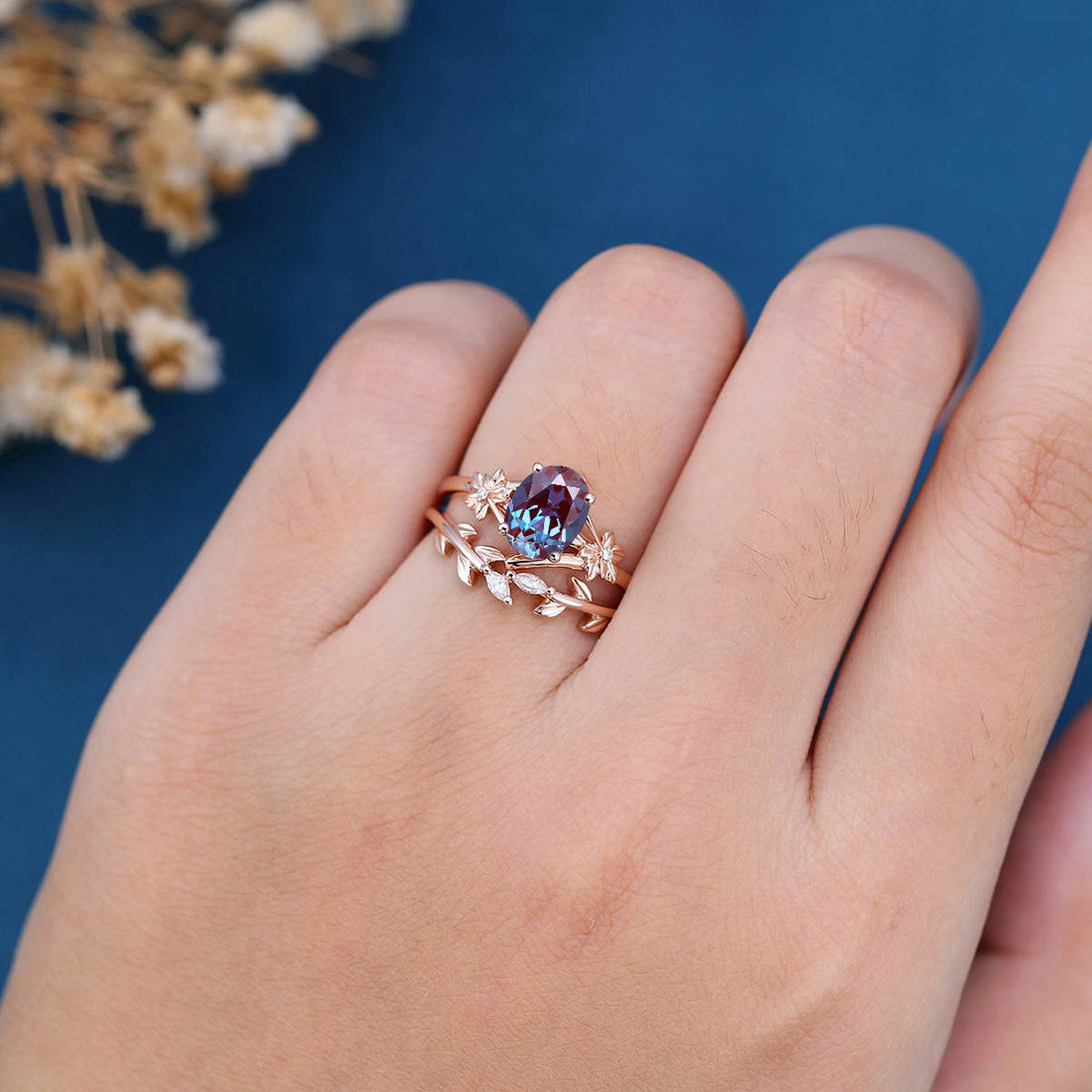 Oval cut Lab Alexandrite | Diamond Engagement Ring Bridal Set