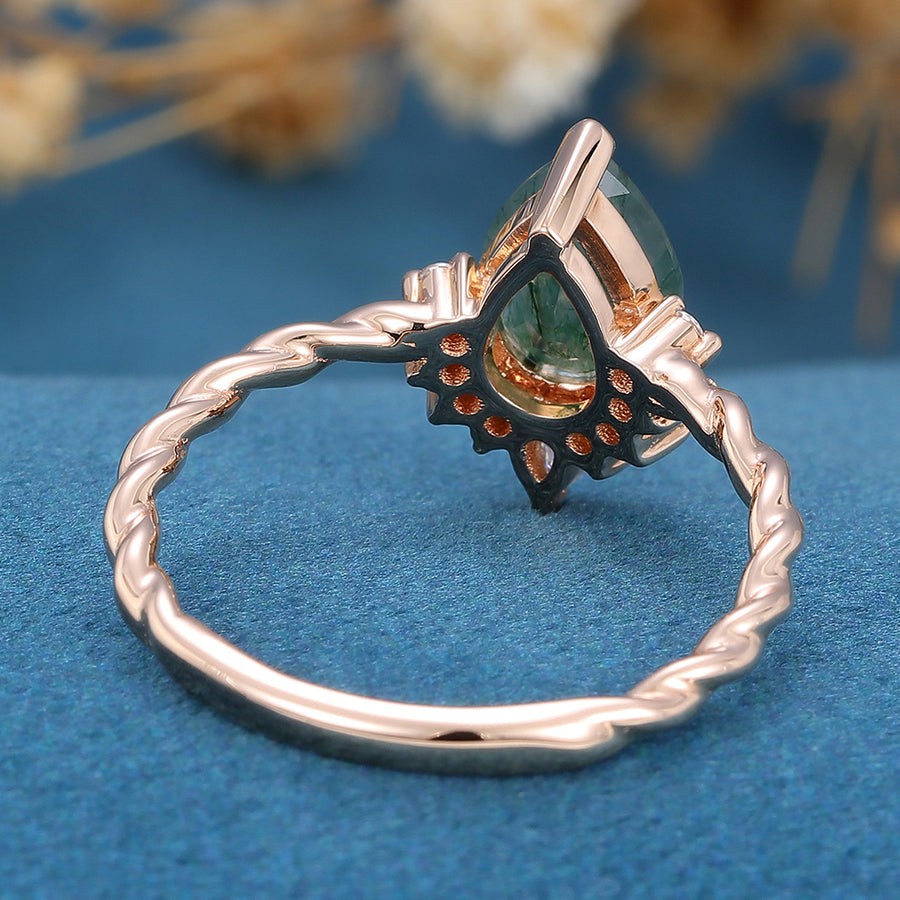 Pear Cut Natural Green Moss Agate Cluster Engagement Ring 