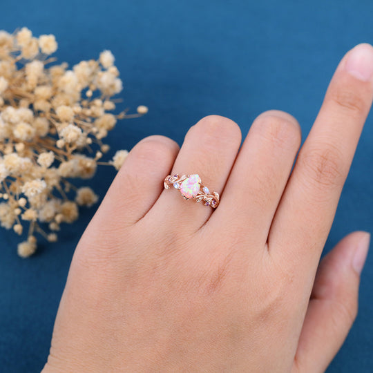 Inspired Pear cut Lab Pink Opal Matching Moonstone | Amethyst Solid Gold Engagement Ring