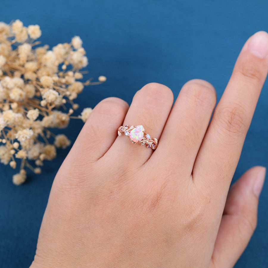 Inspired Pear cut Lab Pink Opal Matching Moonstone | Amethyst Solid Gold Engagement Ring