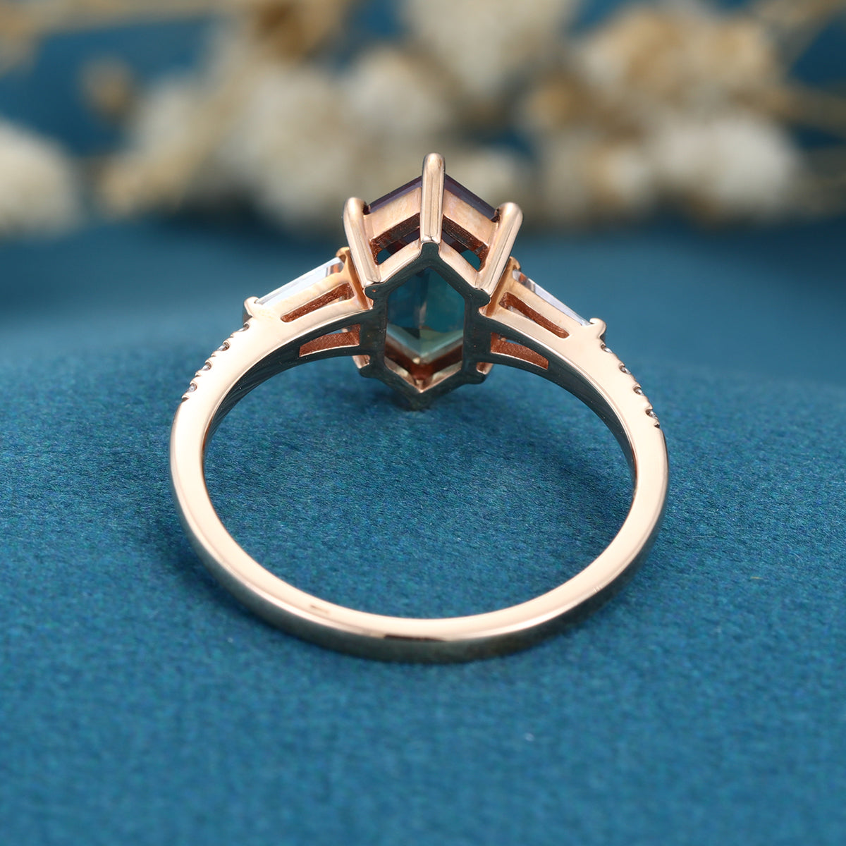 Hexagon cut Lab Alexandrite Solid Gold Engagement Ring
