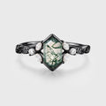 Long Hexagon cut Moss Agate Damonds Leaf Gold Engagement Ring