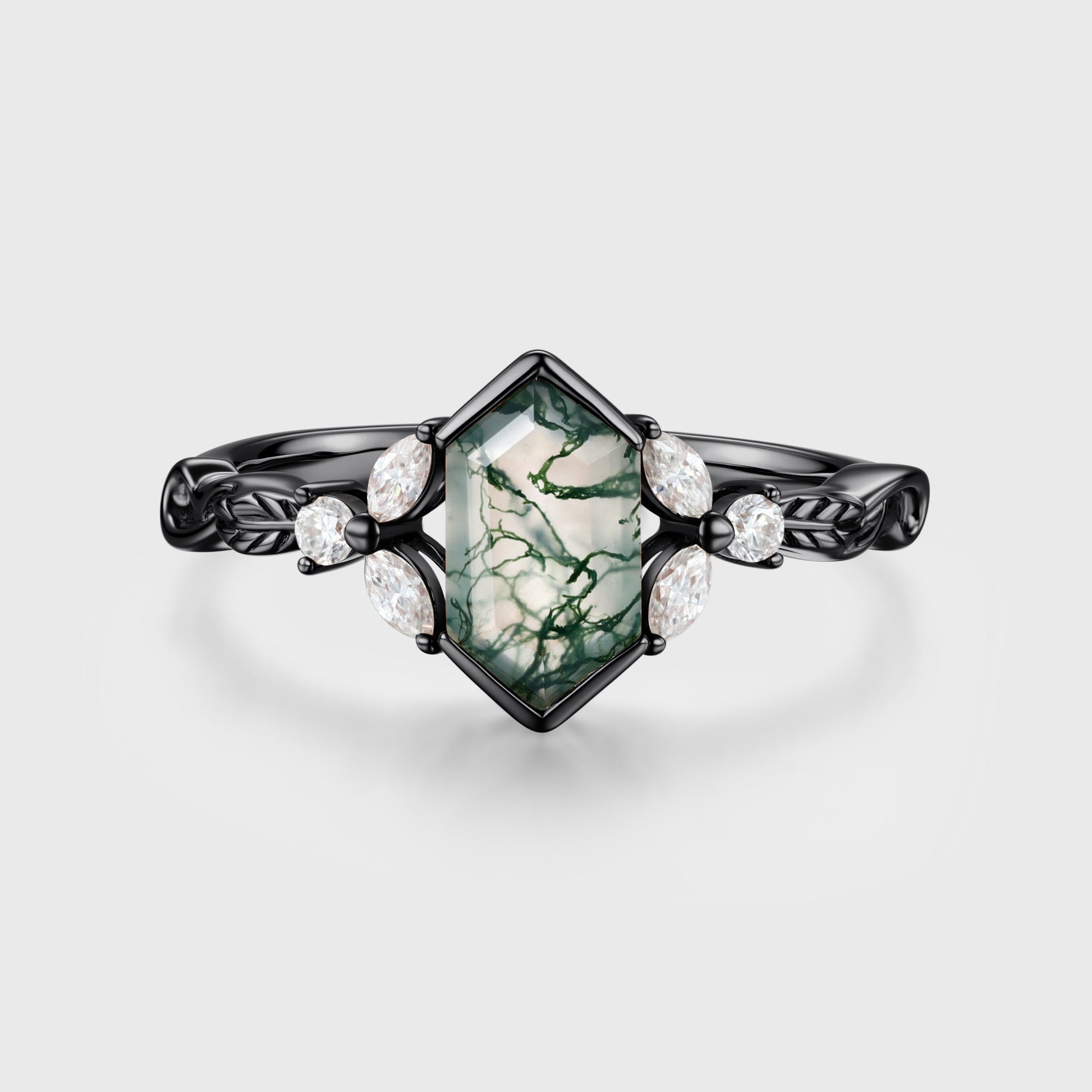 Long Hexagon cut Moss Agate Damonds Leaf Gold Engagement Ring