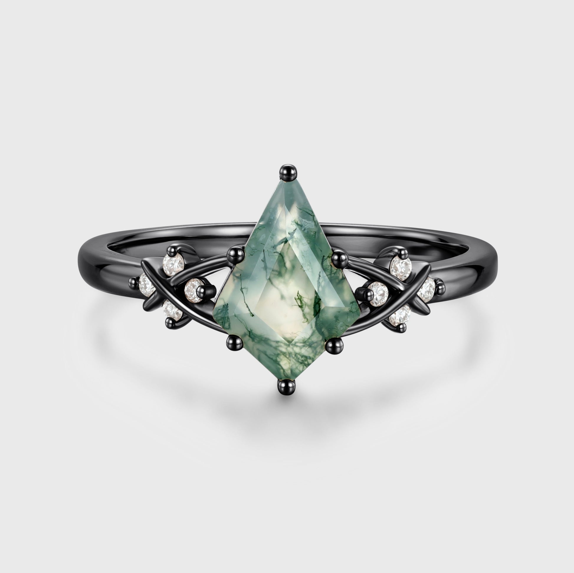 Kite Cut Natural Green Moss Agate Cluster Engagement Ring